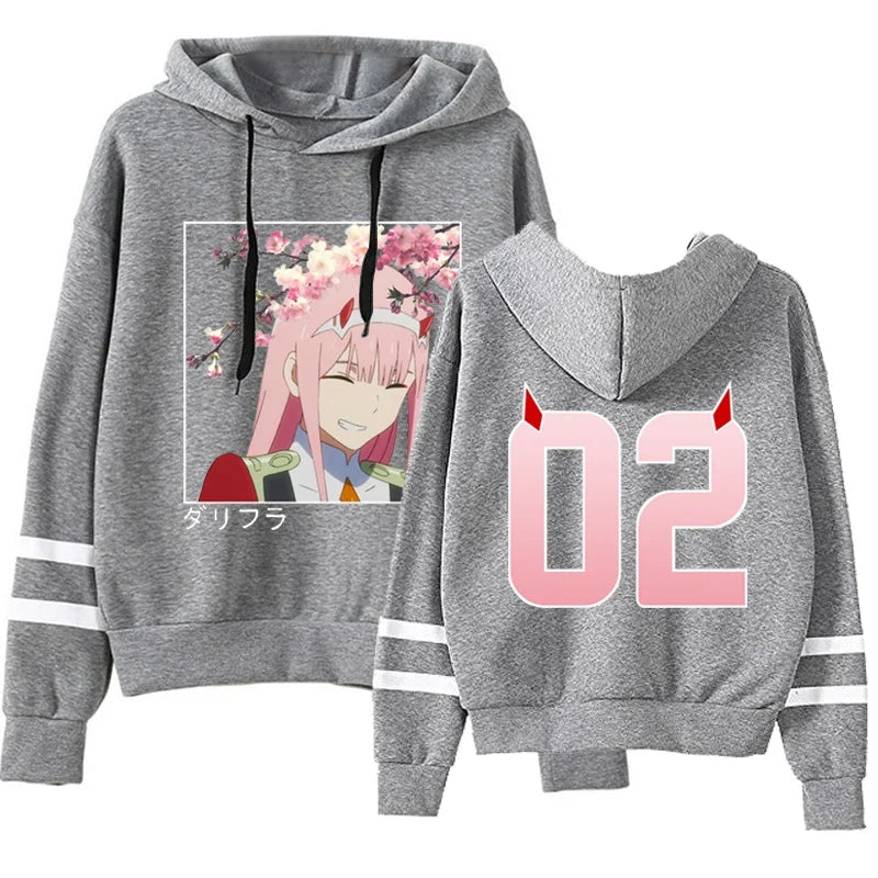 New Hot Zero Two Hoodies Fashion Striped Long Sleeve Hooded Pullover Casual Anime Harajuku Sweatshirt