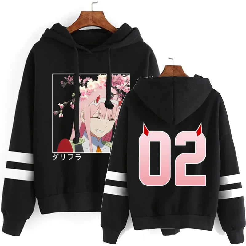 New Hot Zero Two Hoodies Fashion Striped Long Sleeve Hooded Pullover Casual Anime Harajuku Sweatshirt