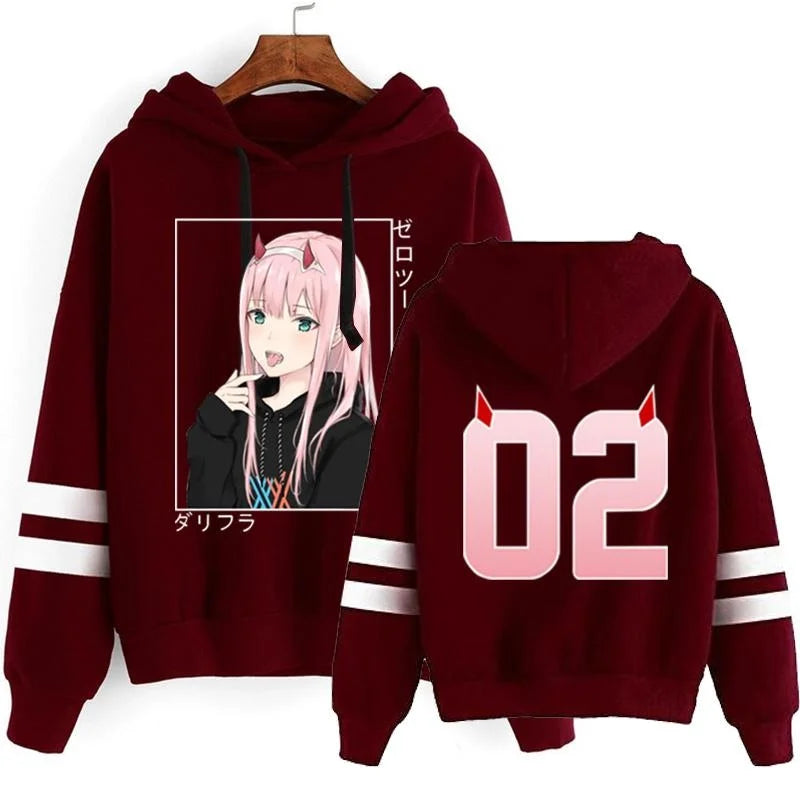 New Zero Two Striped Hoodies Women Fashion Fleece Long Sleeve Hooded Pullover Casual Streetwear Anime Sweatshirt