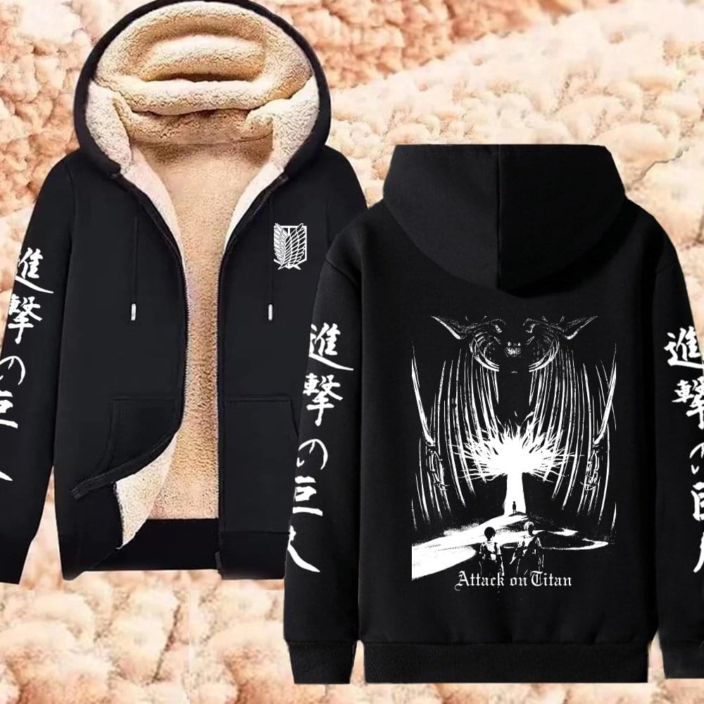 Winter Warm Hoodie Attack on Titan Hoodies (2)  Anime  Zipper Jackets Lambswool Thermal Sweatshirts Streetwear Plus Size