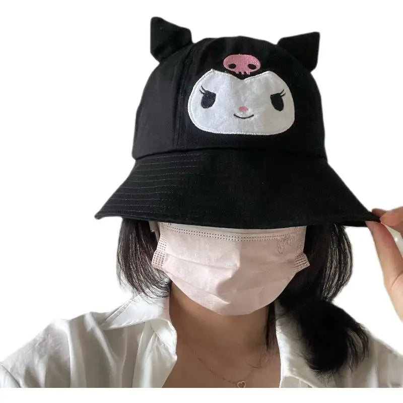 56-58Cm Sanrios Kawaii Cute Kuromi Cartoon Cotton Black Fisherman Hat Sun Hat Sunscreen Windproof Adjustable