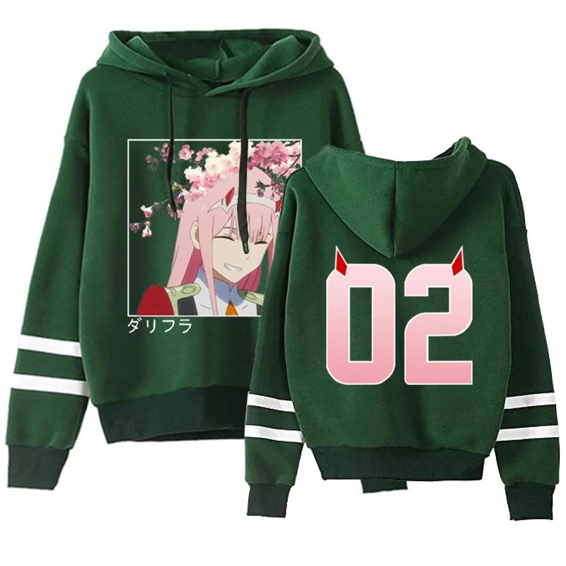 New Hot Zero Two Hoodies Fashion Striped Long Sleeve Hooded Pullover Casual Anime Harajuku Sweatshirt