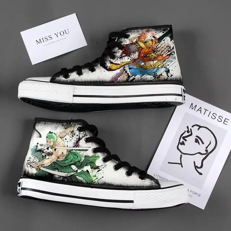 New Anime One Piece Canvas Sneakers Casual Shoes Unisex Luffy Roronoa Printing Comfortable Flat Shoes Birthday Gift