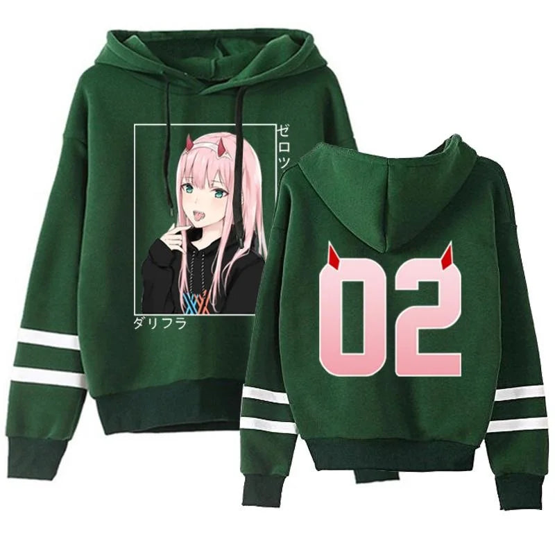 New Zero Two Striped Hoodies Women Fashion Fleece Long Sleeve Hooded Pullover Casual Streetwear Anime Sweatshirt