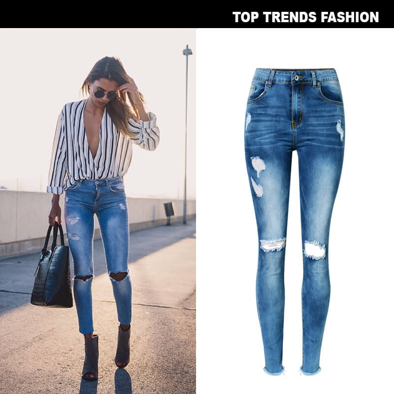 Women's Ripped Jeans Elasticity High Waist Pencil Pants Ninth Pants