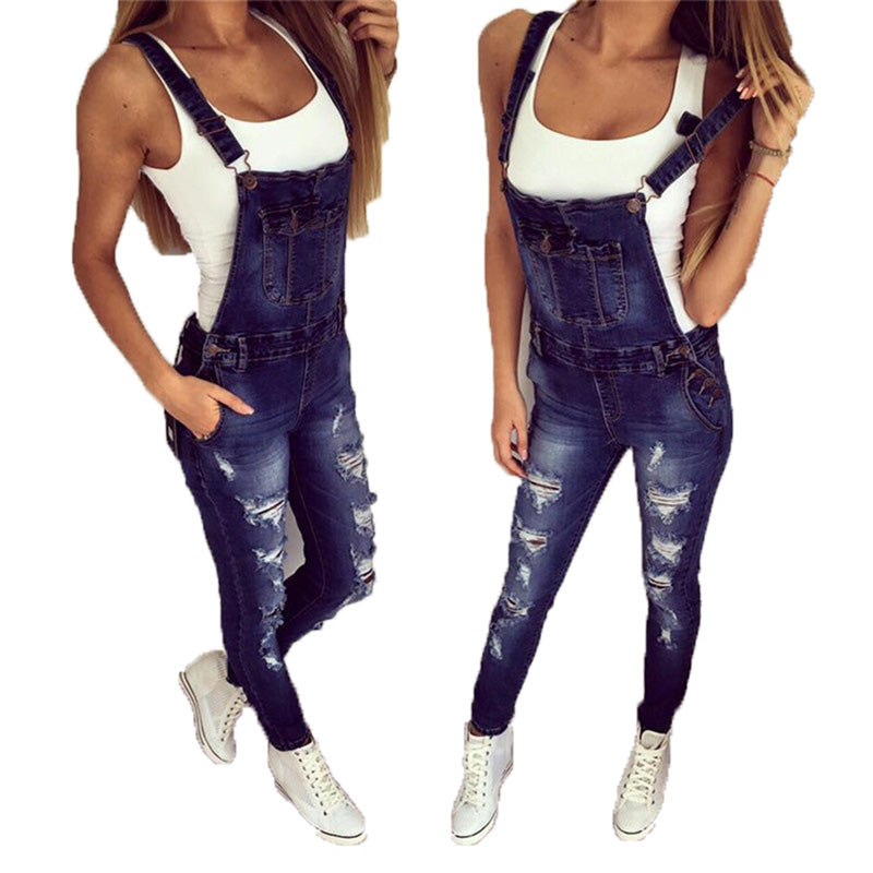 Women's Bib Overalls Jeans Sleeveless Ripped Denim Jumpsuit