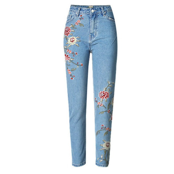 Women's Jeans Ninth Pants Embroidered Jeans High Waist Pencil Pants