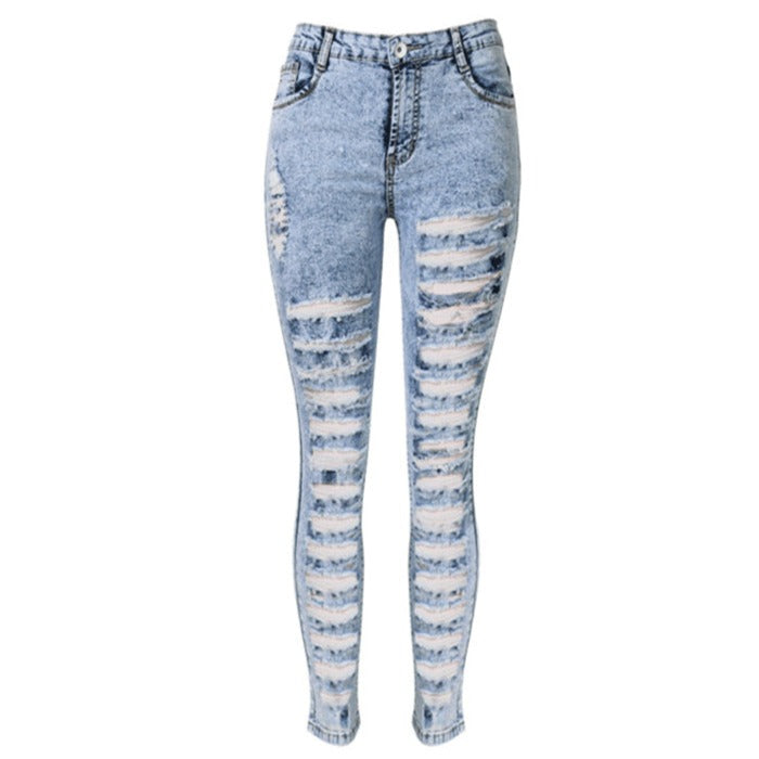 Women's Ripped Jeans Light Blue High Waisted Pencil Long Pants