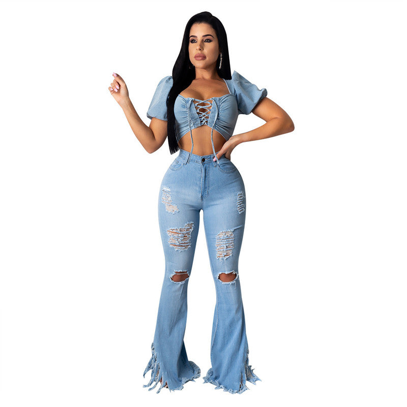 Women's Ripped Jeans High Waisted Jeans Flare Bell Bottom Jeans