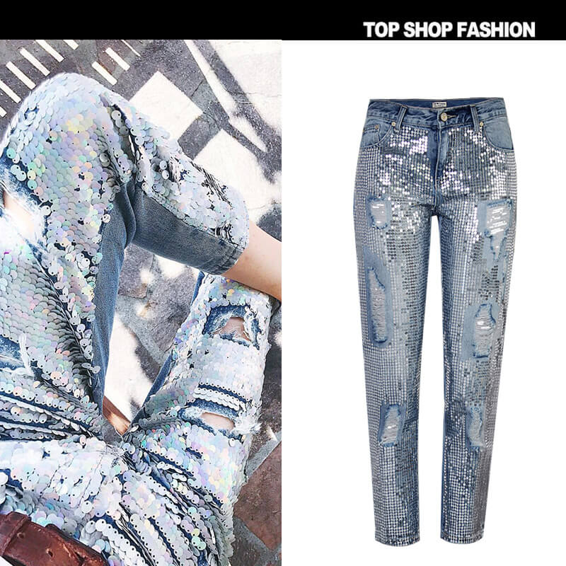 Women's Ripped Jeans Sequined Mid Waist Wide Leg Straight Pants