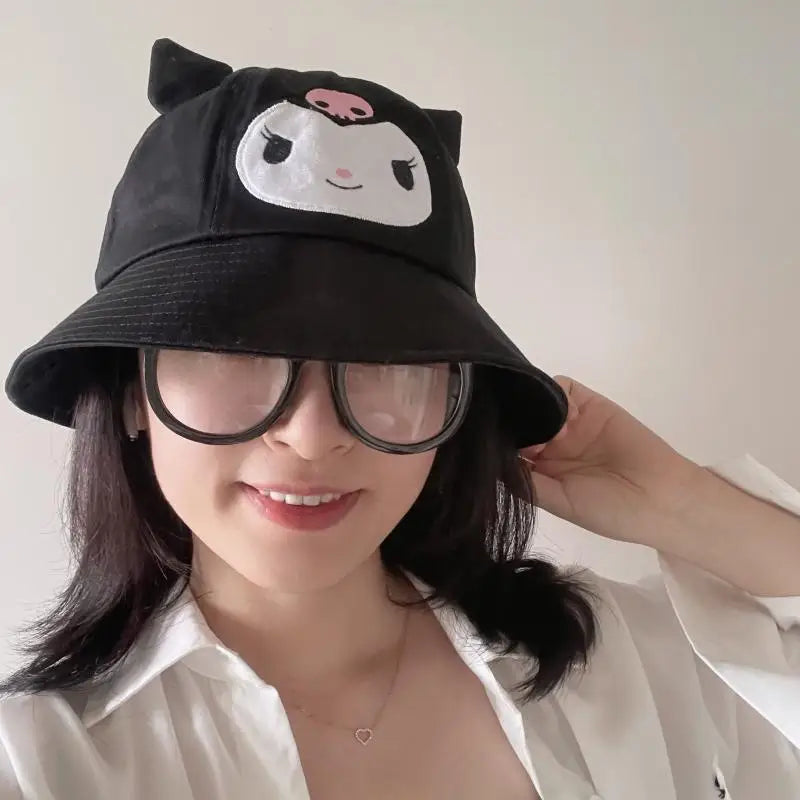 56-58Cm Sanrios Kawaii Cute Kuromi Cartoon Cotton Black Fisherman Hat Sun Hat Sunscreen Windproof Adjustable