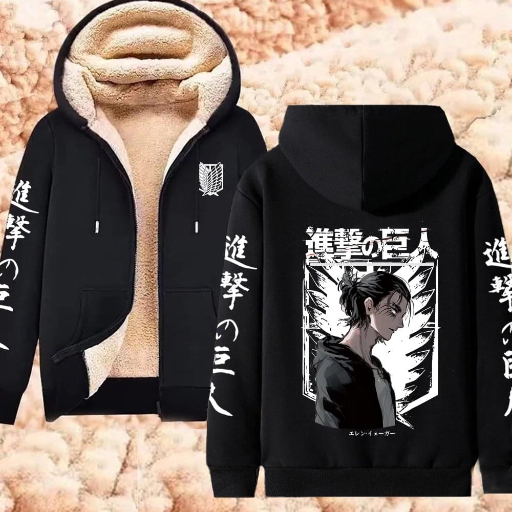 Winter Warm Hoodie Attack on Titan Hoodies (2)  Anime  Zipper Jackets Lambswool Thermal Sweatshirts Streetwear Plus Size