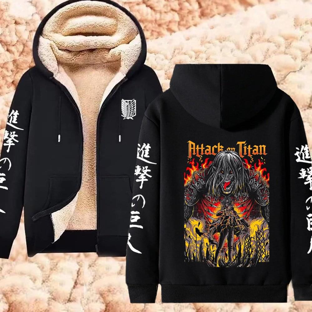 Winter Warm Hoodie Attack on Titan Hoodies (2)  Anime  Zipper Jackets Lambswool Thermal Sweatshirts Streetwear Plus Size