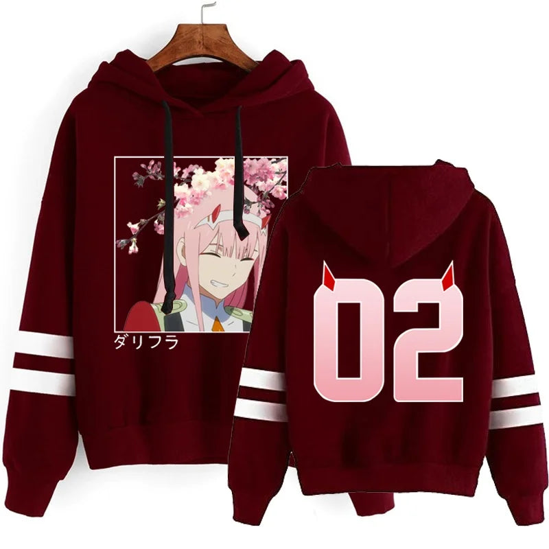 New Hot Zero Two Hoodies Fashion Striped Long Sleeve Hooded Pullover Casual Anime Harajuku Sweatshirt