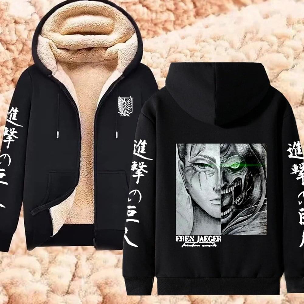 Winter Warm Hoodie Attack on Titan Hoodies (2)  Anime  Zipper Jackets Lambswool Thermal Sweatshirts Streetwear Plus Size