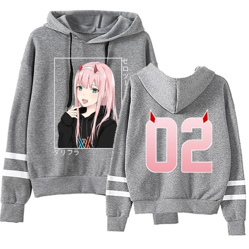 New Zero Two Striped Hoodies Women Fashion Fleece Long Sleeve Hooded Pullover Casual Streetwear Anime Sweatshirt