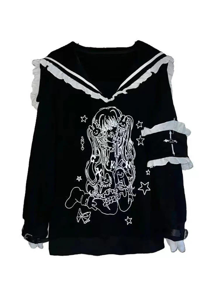 Women's Sailor Collar T-shirt Dark Emo Pullover Punk Kawaii Loose Tee Grunge Clothes Goth Hoodie Anime Girl Autumn Sweatshirt