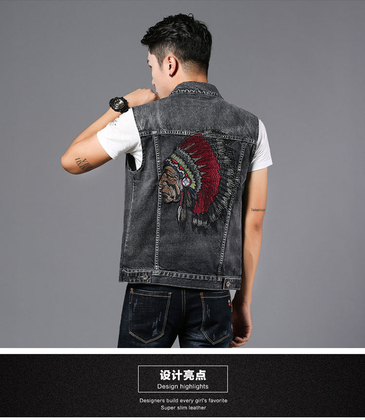 Stylish Embroidery Sleeveless Denim Waistcoat Men's Denim Vest