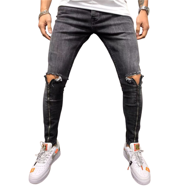 Zipper Men's Ripped Jeans Slim Skinny Mid Waist Pencil Pants