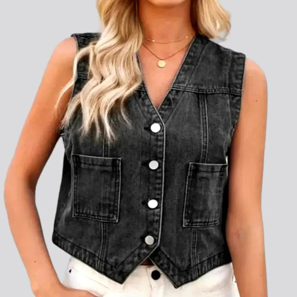 V-neck regular jean vest for ladies