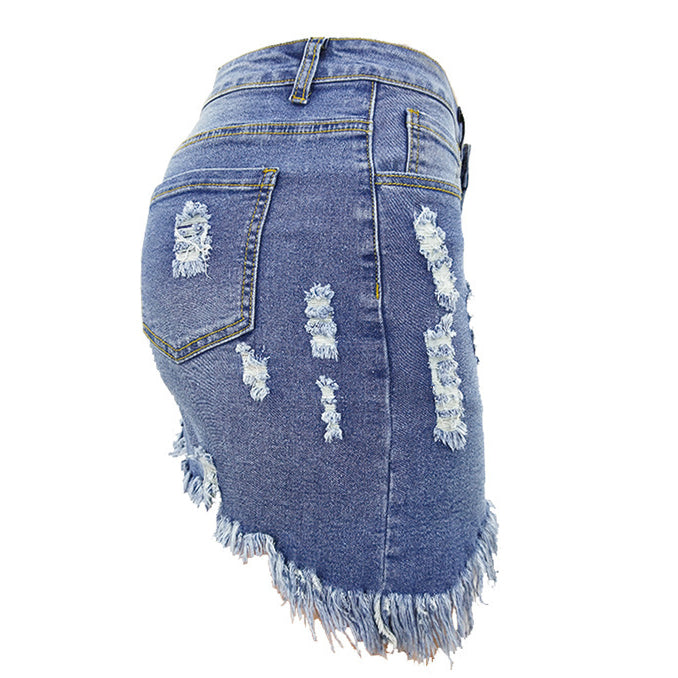 Women Stretch Irregular Frayed Hem Mini Denim Jean Skirt