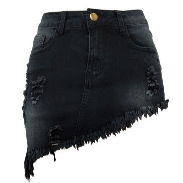 Women Stretch Irregular Frayed Hem Mini Denim Jean Skirt