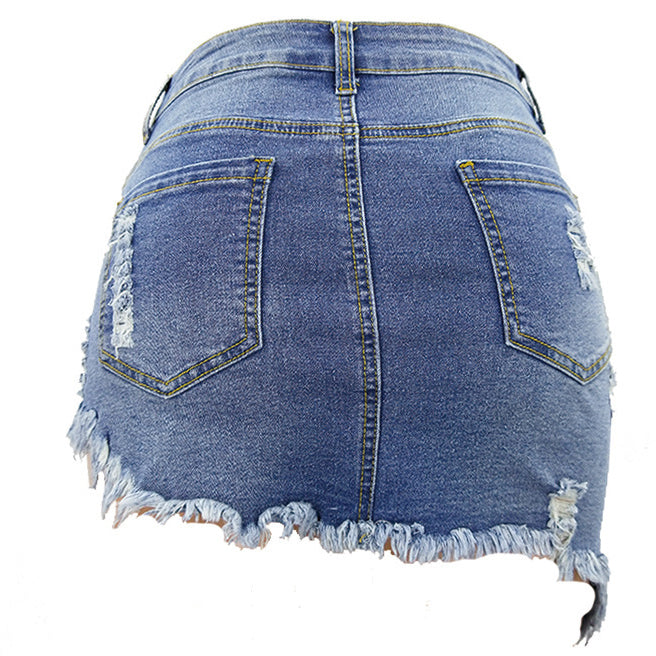 Women Stretch Irregular Frayed Hem Mini Denim Jean Skirt