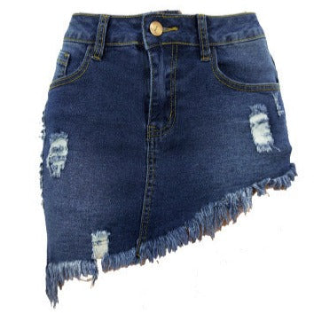 Women Stretch Irregular Frayed Hem Mini Denim Jean Skirt