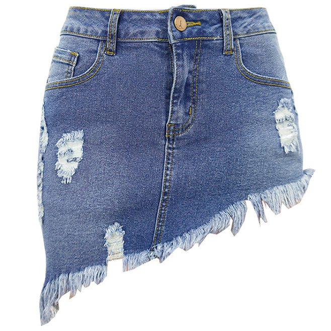 Women Stretch Irregular Frayed Hem Mini Denim Jean Skirt