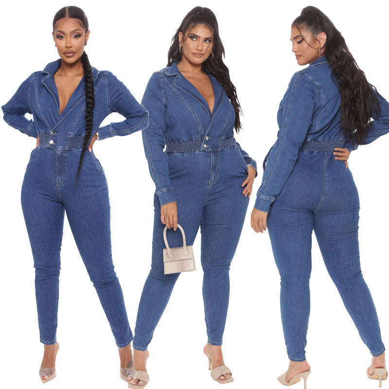 Women's Denim Romper and Jumpsuits Set Tops Pants Suit Jeans