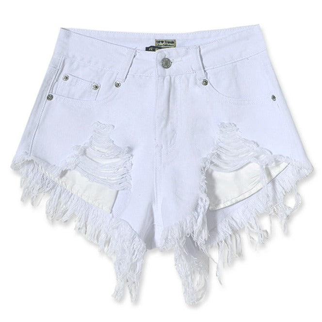 Women's Frayed Irregularity Slim Fit White High Waist Denim Shorts