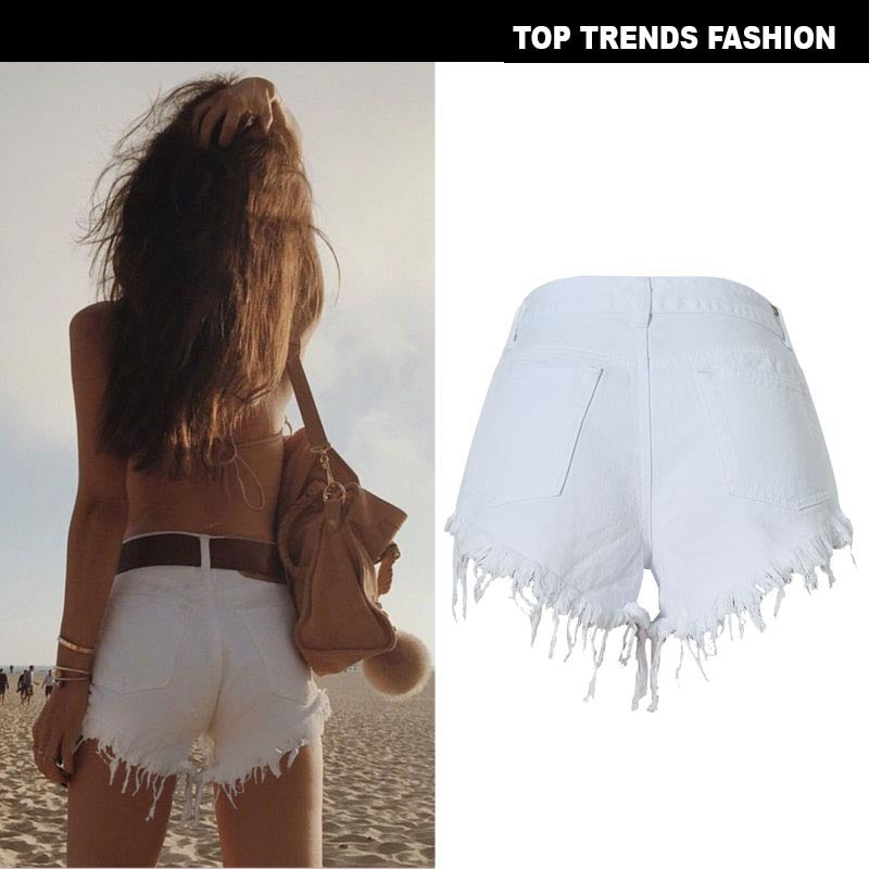 Women's Frayed Irregularity Slim Fit White High Waist Denim Shorts