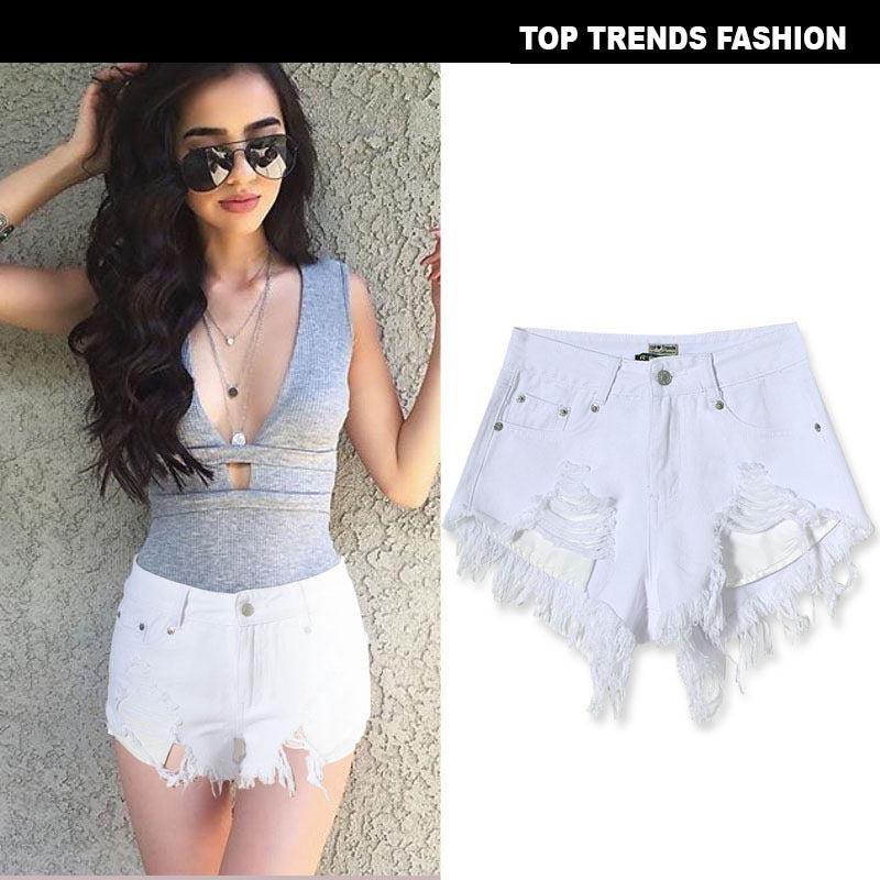 Women's Frayed Irregularity Slim Fit White High Waist Denim Shorts