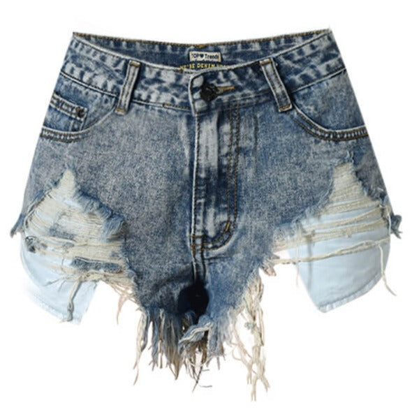 Women's High Waist Frayed Irregularity Fringed Denim Shorts