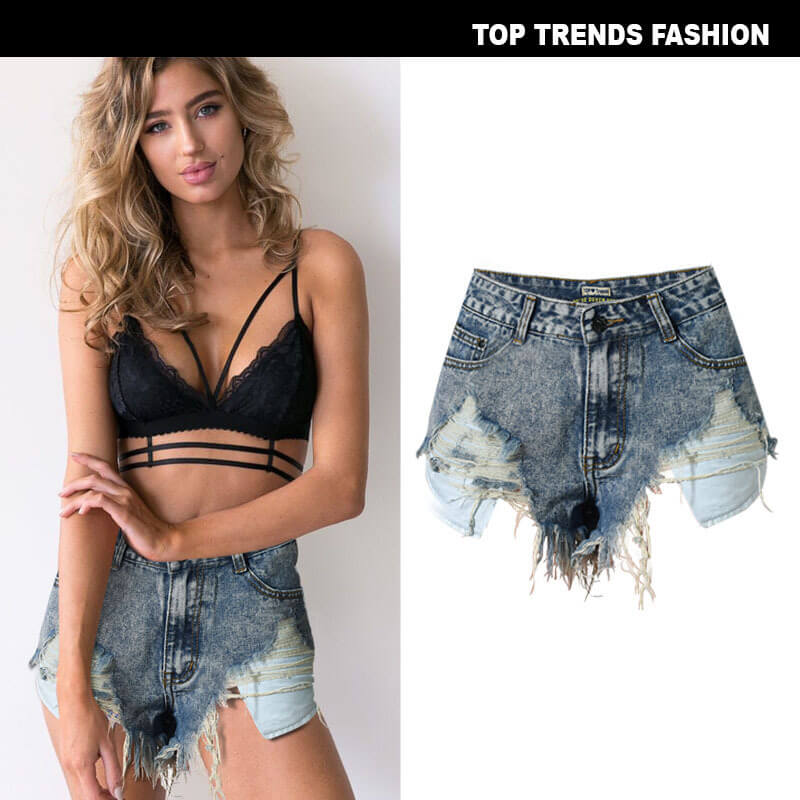 Women's High Waist Frayed Irregularity Fringed Denim Shorts