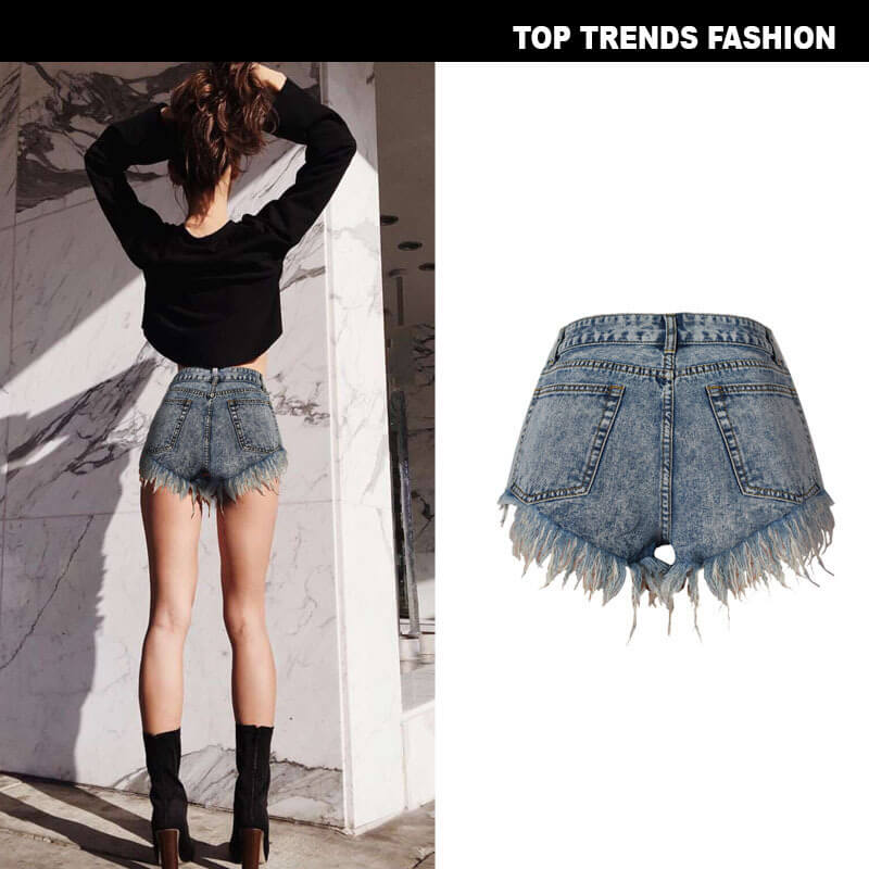 Women's High Waist Frayed Irregularity Fringed Denim Shorts