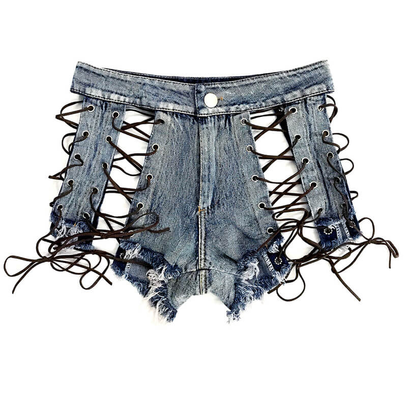 Women's High Waist Lace up Mini Denim Shorts Tassel Hot Pants