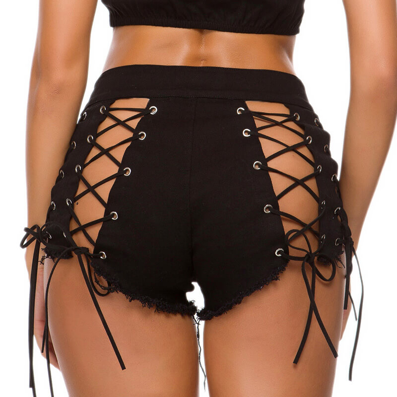 Women's High Waist Lace up Mini Denim Shorts Tassel Hot Pants