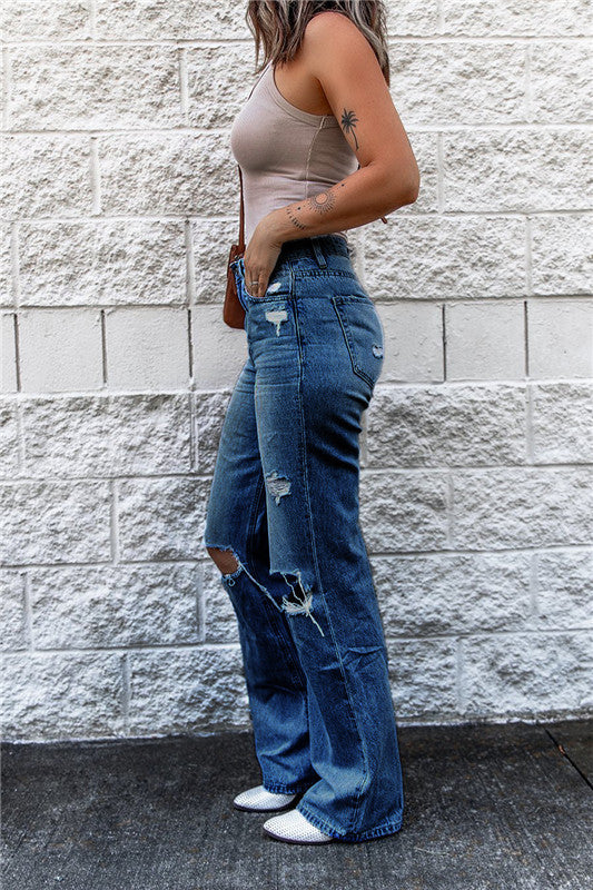 Women's High Waist Vintage Ripped Flare Bell Bottom Jeans