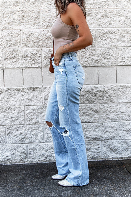 Women's High Waist Vintage Ripped Flare Bell Bottom Jeans