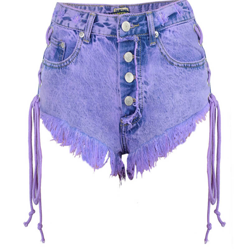 Women's High Waisted Lace up Tassel Purple Denim Shorts