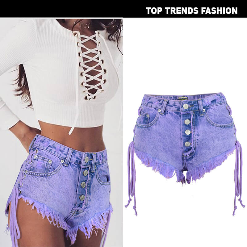 Women's High Waisted Lace up Tassel Purple Denim Shorts