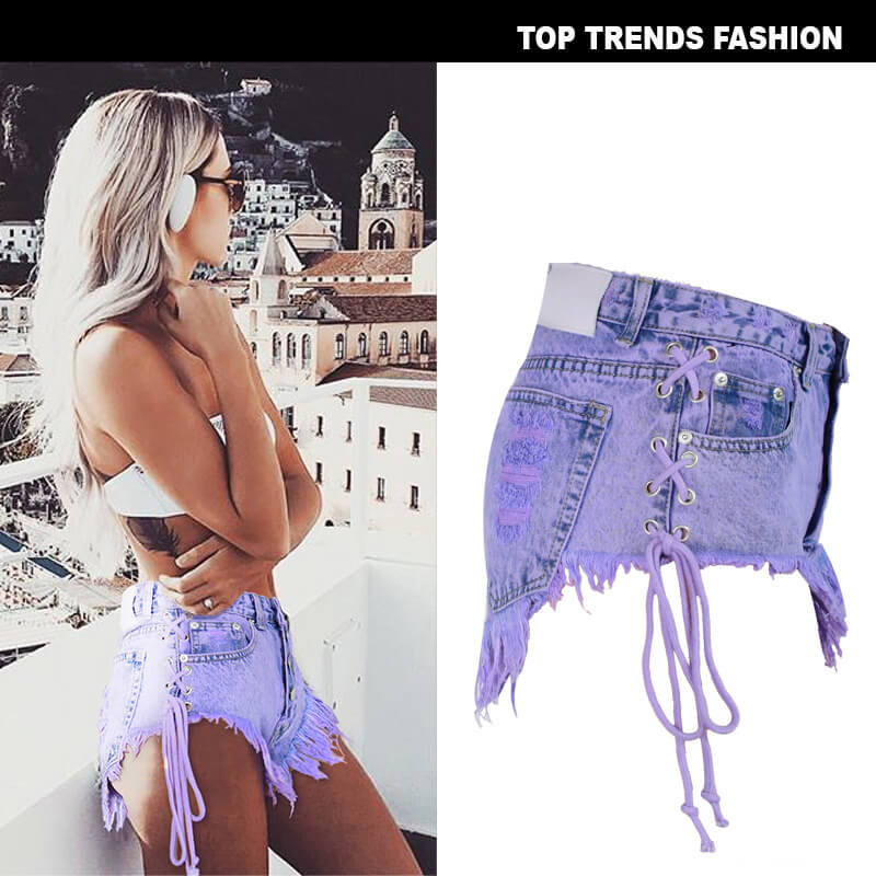 Women's High Waisted Lace up Tassel Purple Denim Shorts