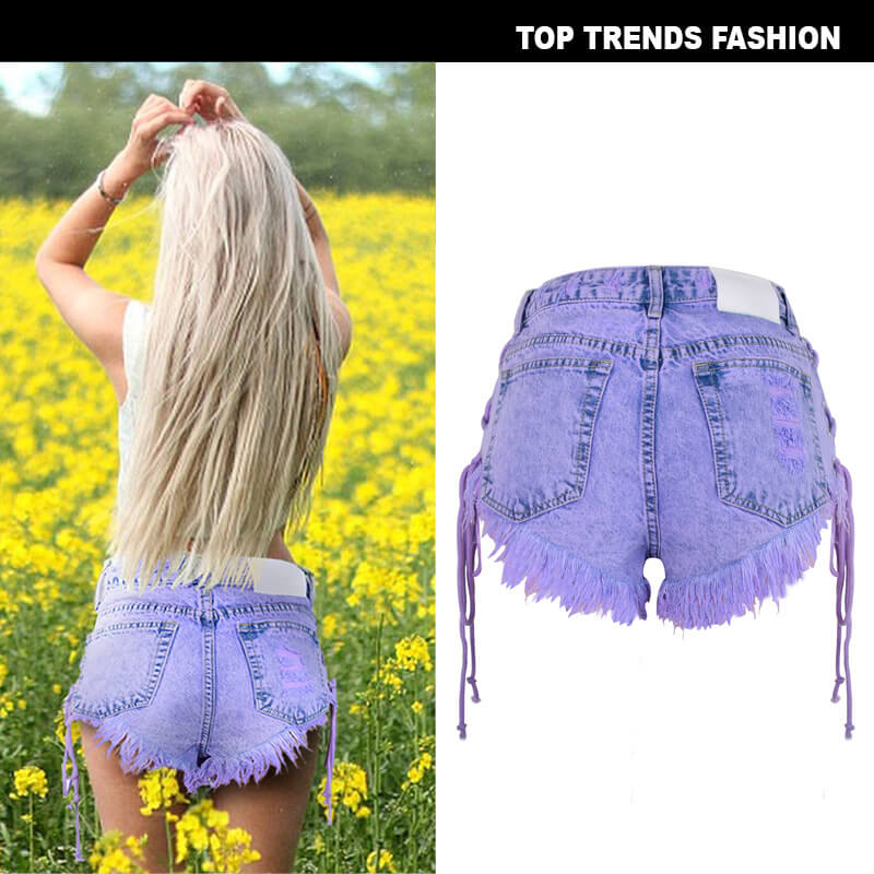 Women's High Waisted Lace up Tassel Purple Denim Shorts