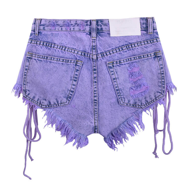 Women's High Waisted Lace up Tassel Purple Denim Shorts