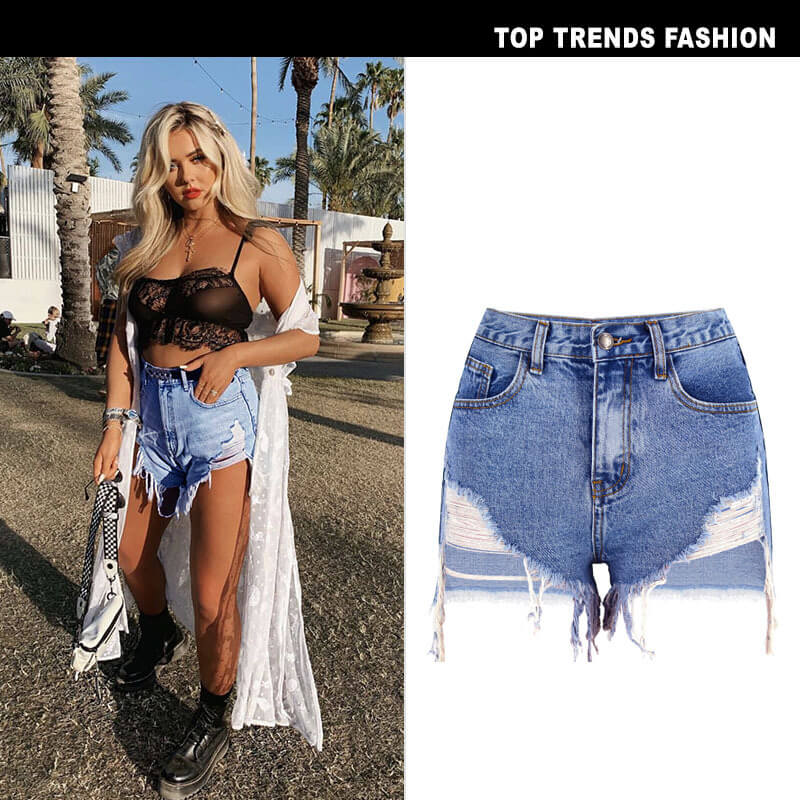 Women's Irregularity High Waist Ripped Fringed Denim Shorts