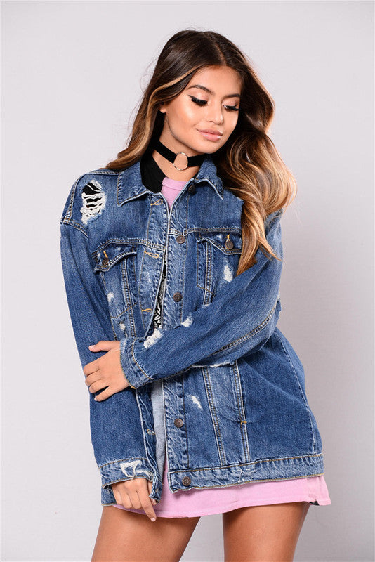 Women's Long Sleeve Destroyed Denim Jacket Outercoat