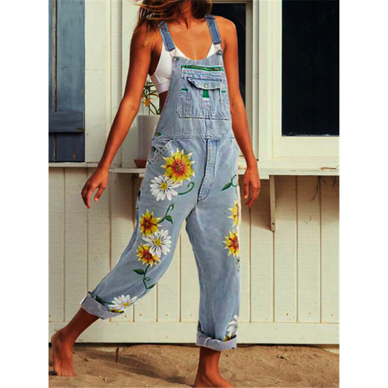 Women's Loose Baggy Printing Denim Bib Overalls Jumpsuit Harem Pants