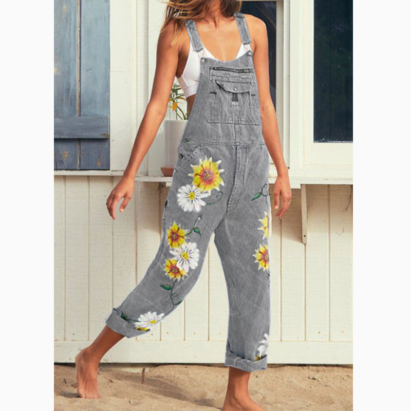 Women's Loose Baggy Printing Denim Bib Overalls Jumpsuit Harem Pants