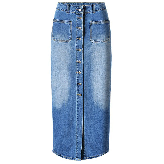 Women's Slim Fit Style Middle-length Denim Skirt With Front Slit